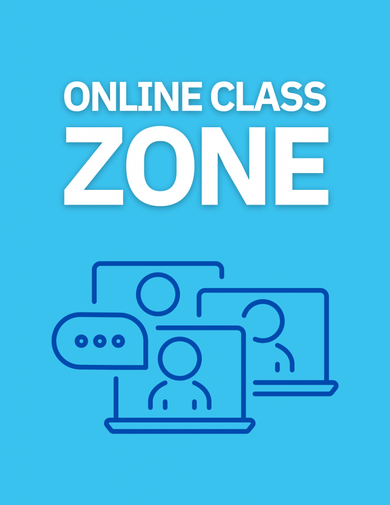 online class zone with image blue background and multiple laptops