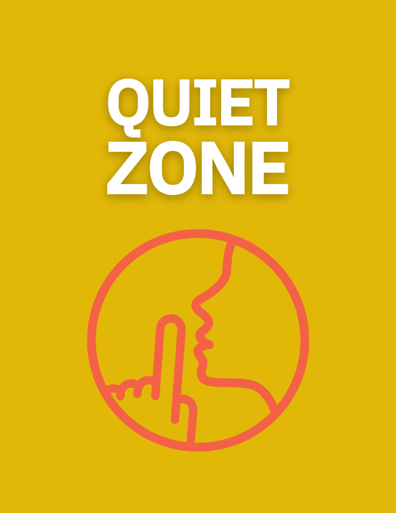 Quiet zone image with outline of side of a person, holding up finger close to their mouth. 